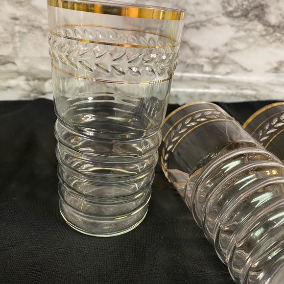 * Federal Glass Co Gold Banded Curvy Rippled Glass Leaf Detail MCM set Of 4 - Picture 2 of 7